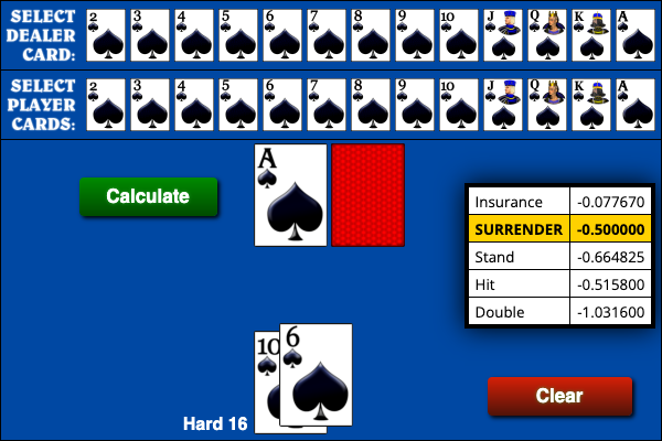 Screenshot of Wizard of Odds Blackjack Hand Calculator with hard 16 against dealer ace